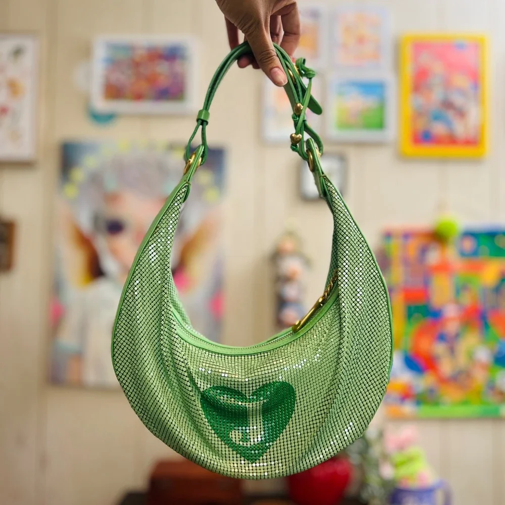 Juicy Couture Viva La Juicy Green Mesh Hobo Bag Leather Trim Heart Logo Brass